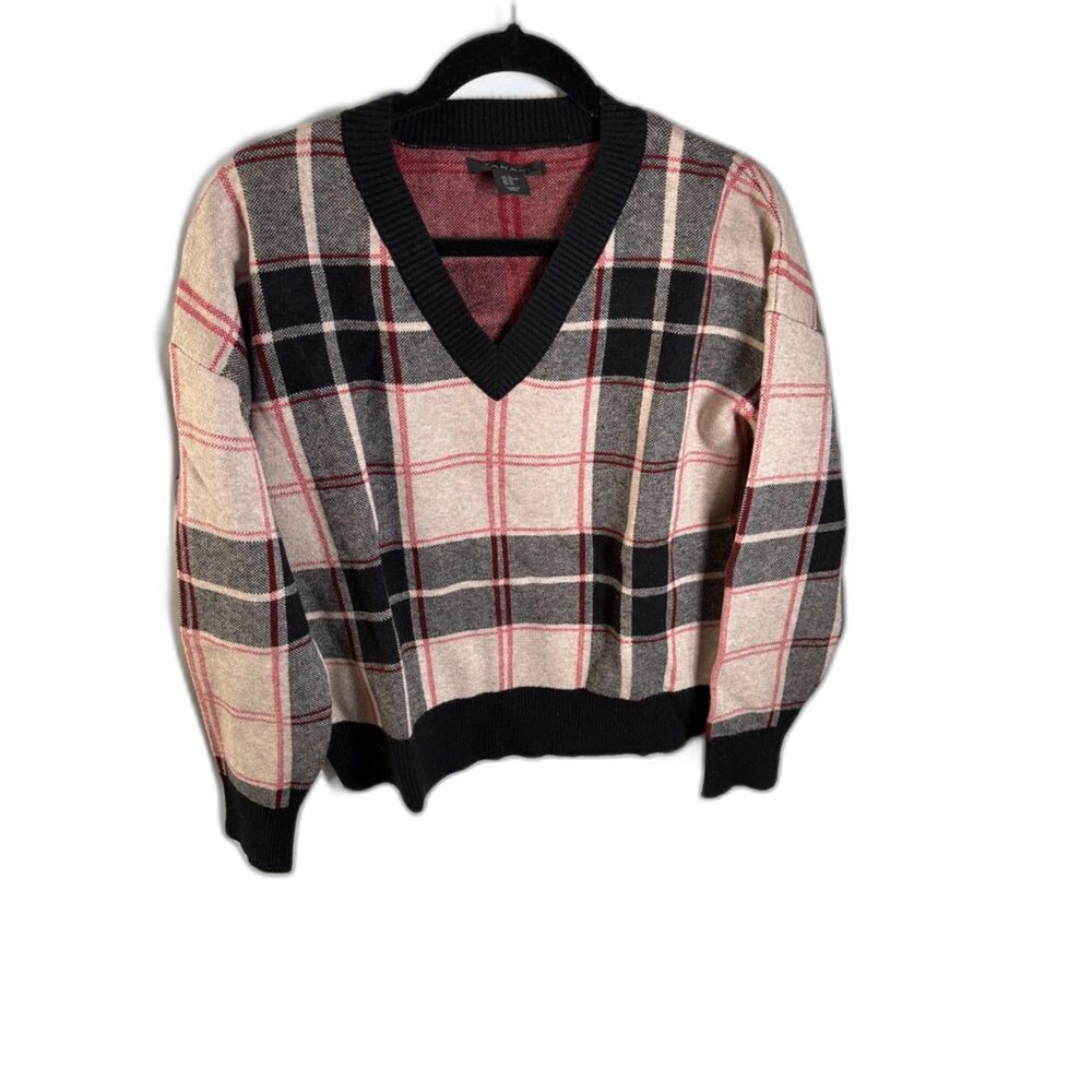 Tahari Women’s XL Plaid V-Neck Sweater Beige Black Red Preppy Tartan